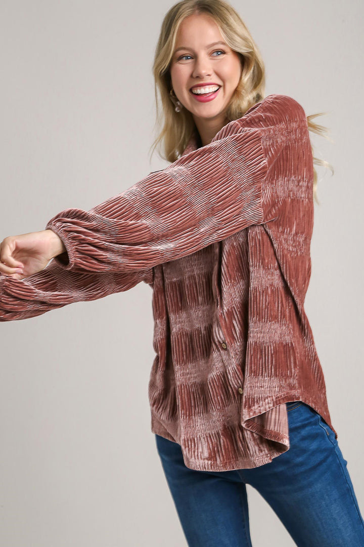 Umgee Ruched Tiered Button Up Shirt 