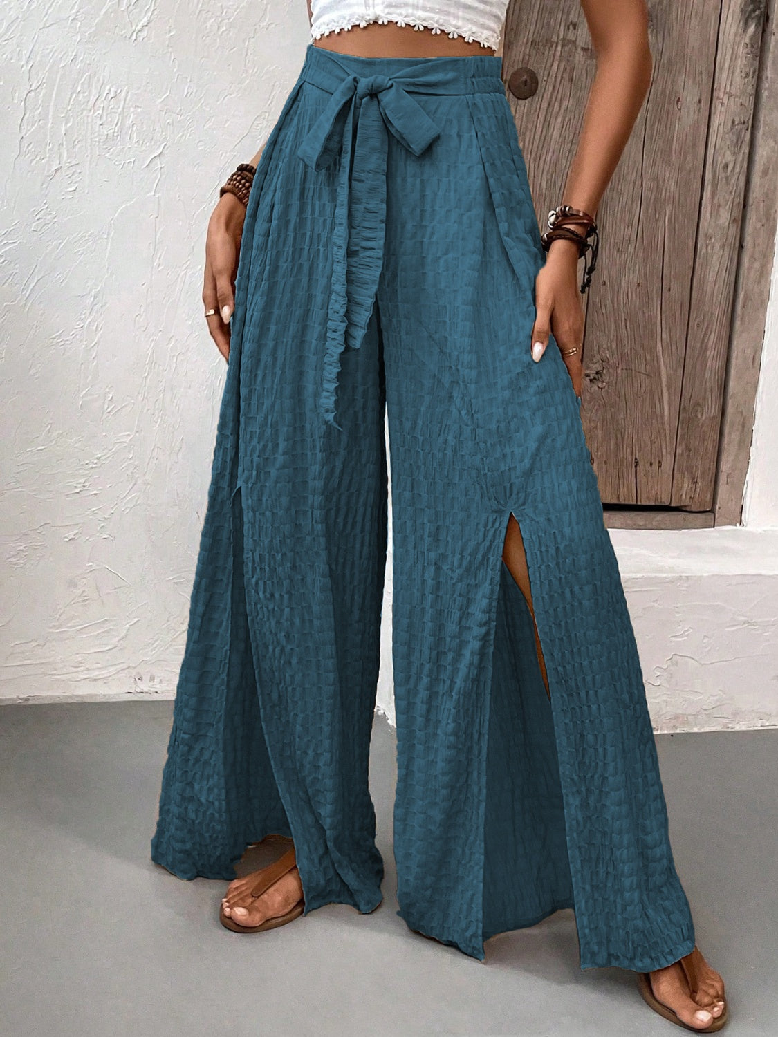 Honey Tied Slit Wide Leg Pants 