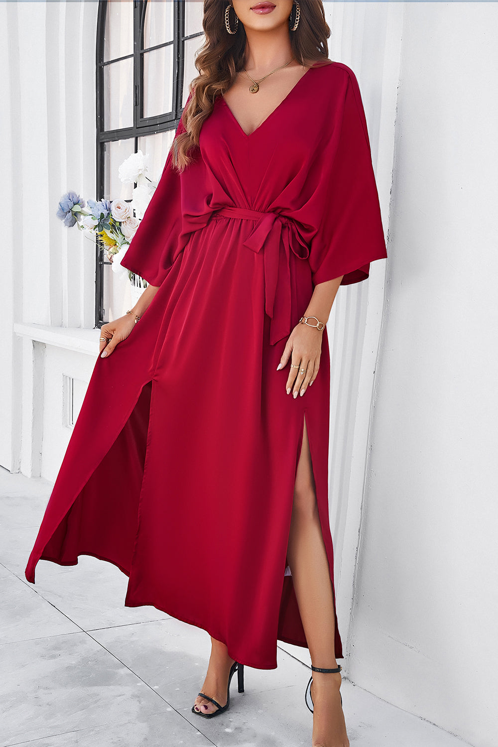 Devine Slit Tied V-Neck Three-Quarter Sleeve Dress 