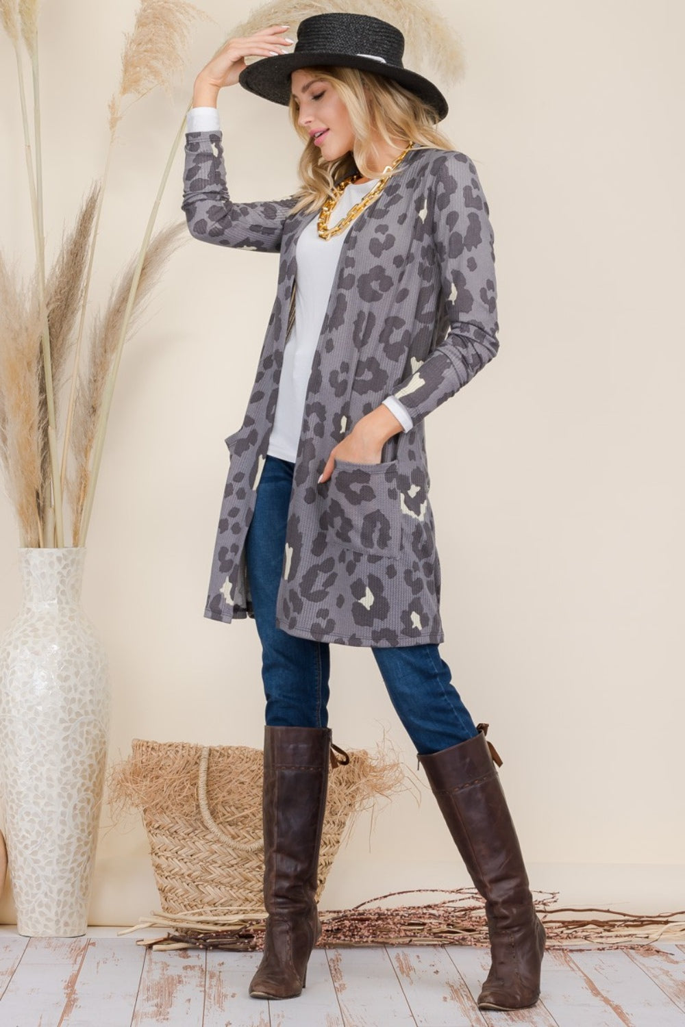 Celeste Full Size Leopard Open Front Contrast Cardigan 