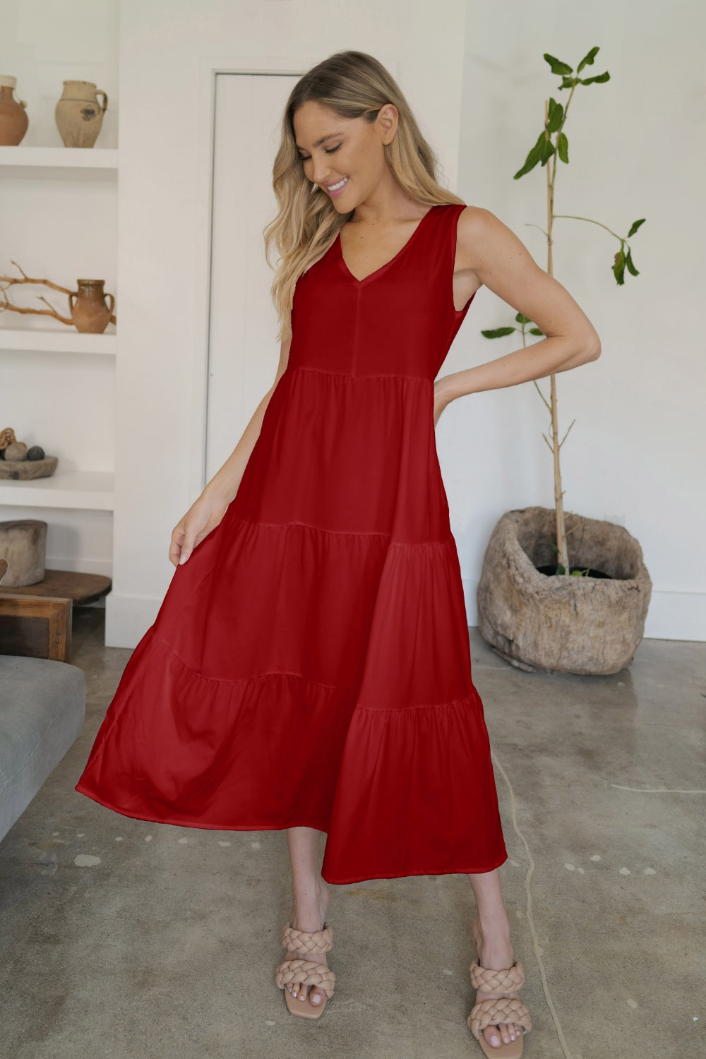 FAM-FAM Tiered V-Neck Sleeveless Dress 