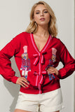 Double Take Full Size Nutcracker Sequin Bow Decor Cardigan 