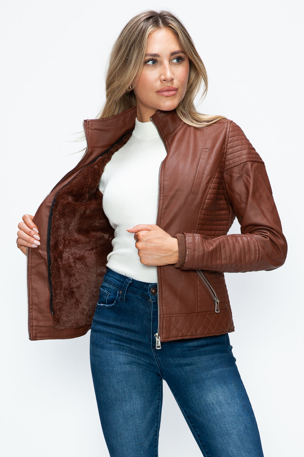 YMI Faux Layered Double-Zipper Jacket with Fuzzy Hood 