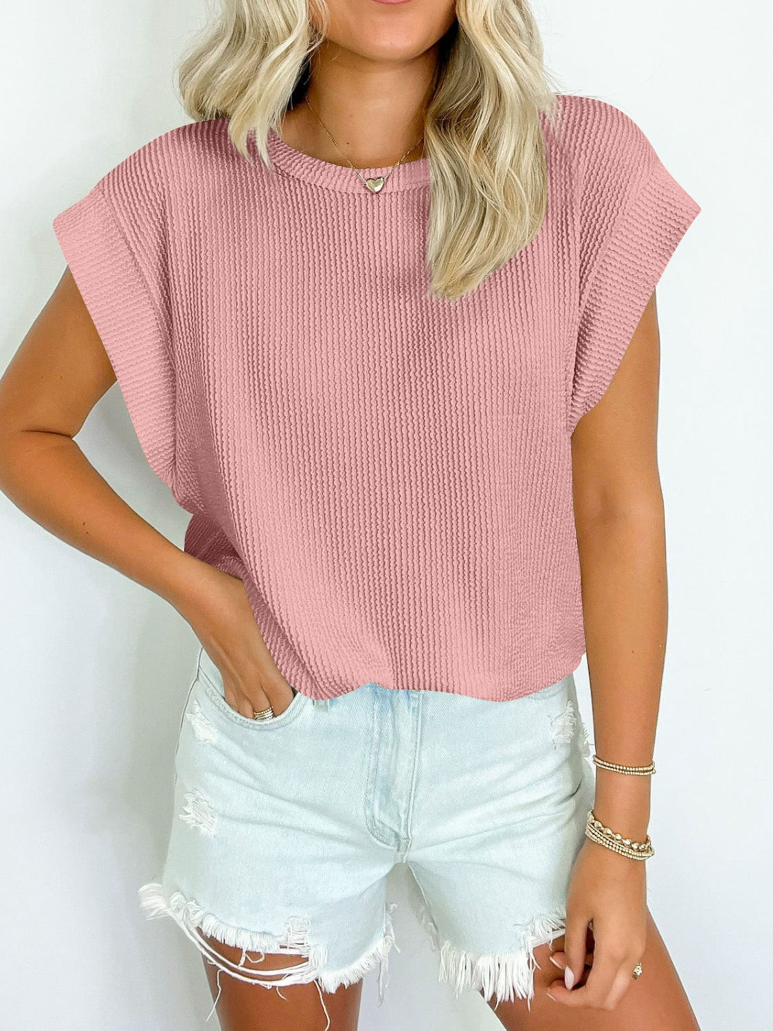Lovelet Textured Round Neck Cap Sleeve Blouse 