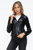 Snobbish Faux Leather Zip Up Drawstring Hooded Jacket 