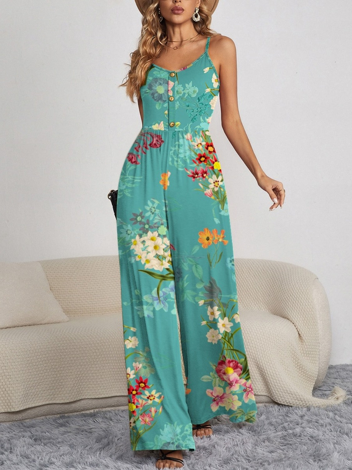 FAM-FAM Decorative Button Spaghetti Strap Wide Leg Jumpsuit 