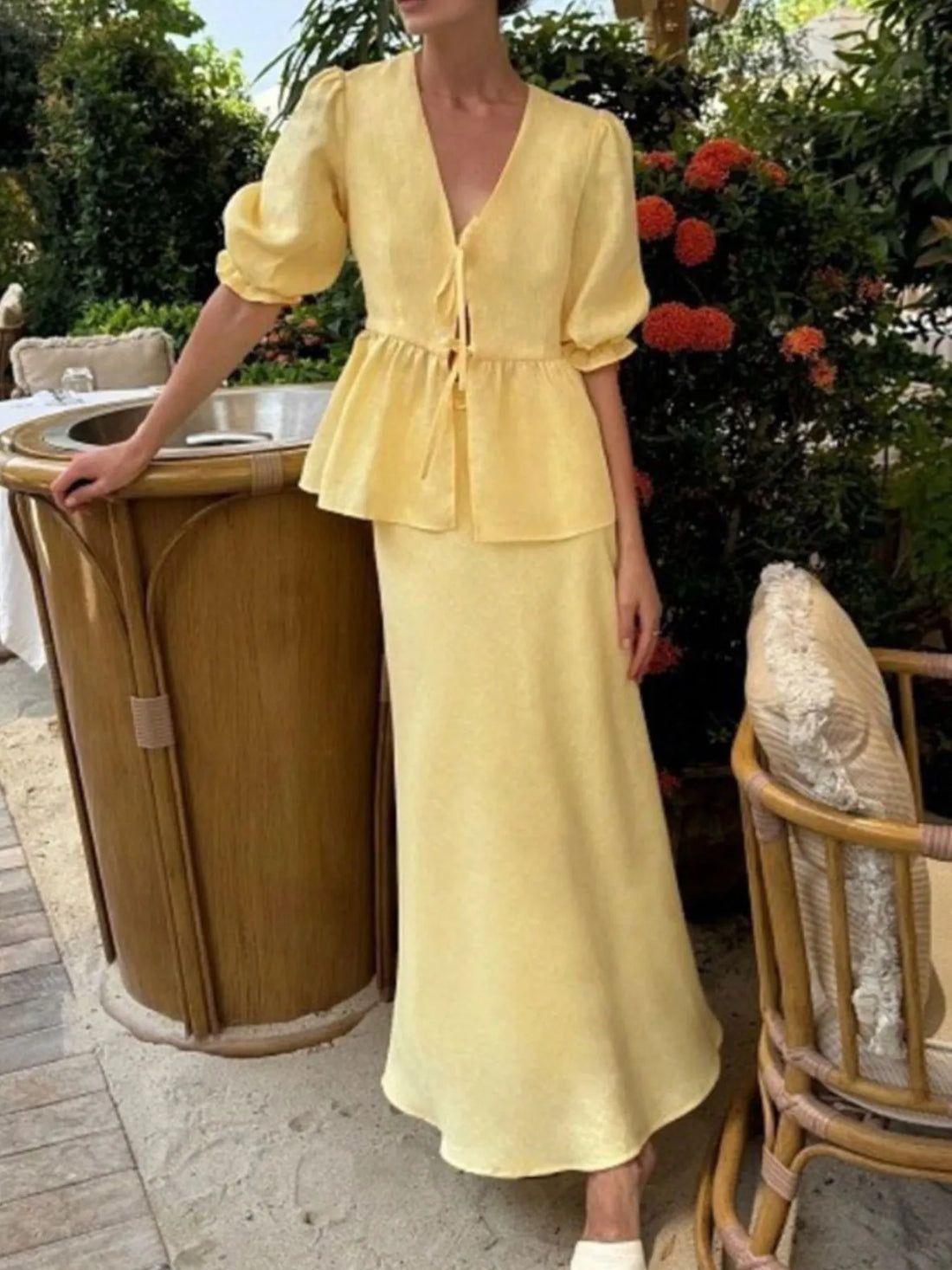 Tie Front Peplum Top and Skirt Set Two Piece Dresses