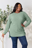 Basic Bae Full Size Ribbed Round Neck Long Sleeve Slit Top 