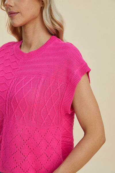 Double Take Full Size Cable-Knit Round Neck Cap Sleeve Sweater 