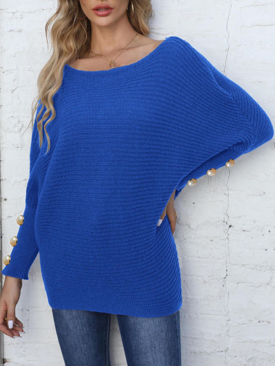 Full Size Boat Neck Long Sleeve Sweater 