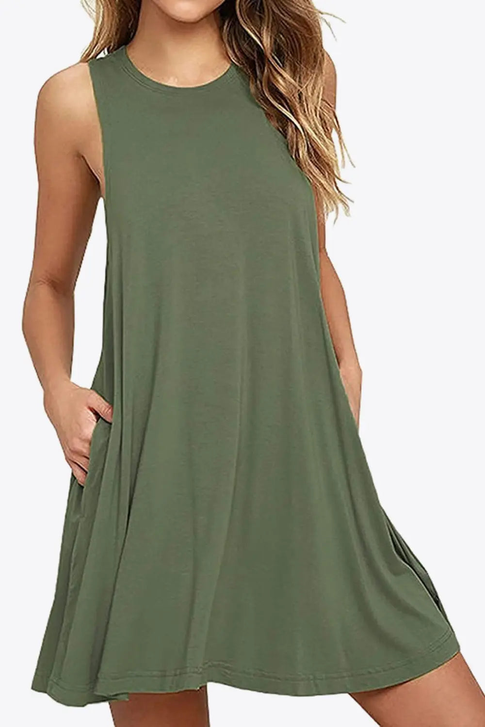 Full Size Round Neck Sleeveless Dress with Pockets 