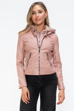 Snobbish Faux Leather Zip Up Drawstring Hooded Jacket 