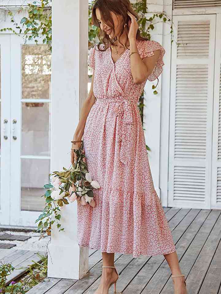 Leopard Surplice Neck Flutter Sleeve Dress Dresses