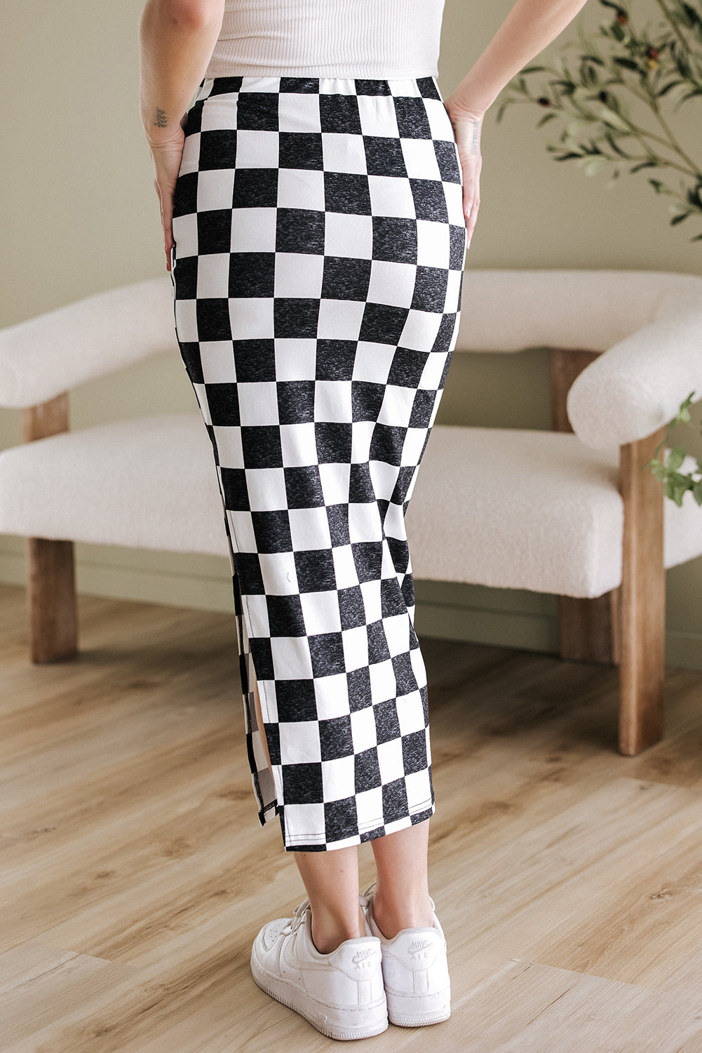 White Checkered Print Side Slit High Waist Midi Skirt Bottoms/Skirts & Petticoat