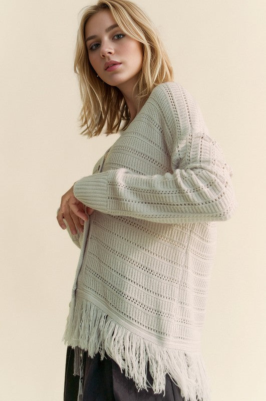 Davi & Dani Fringe V-Neck Button Up Long Sleeve Cardigan 