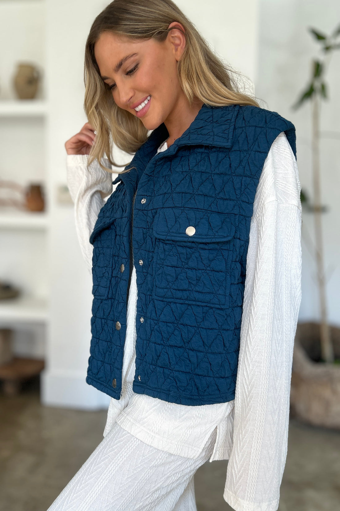 Double Take Full Size Pocketed Texture Snap Down Vest Coat 