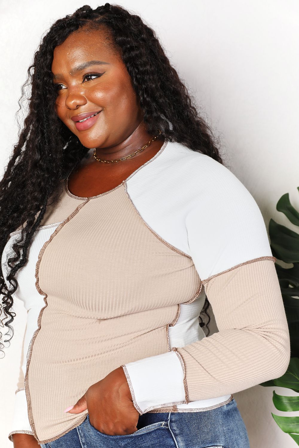 Double Take Color Block Exposed Seam Top 