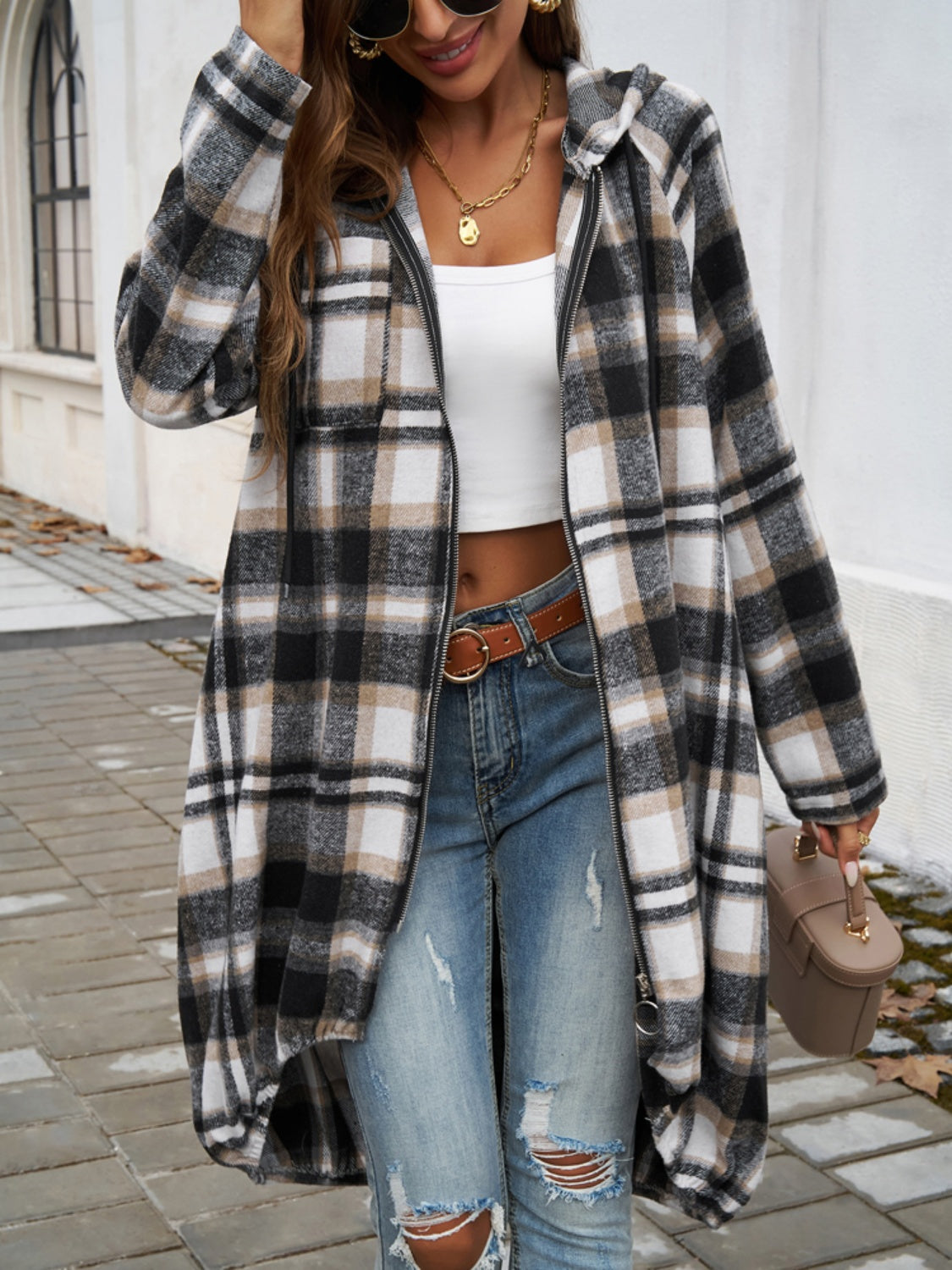 Devine Plaid Zip Up Hooded Coat 