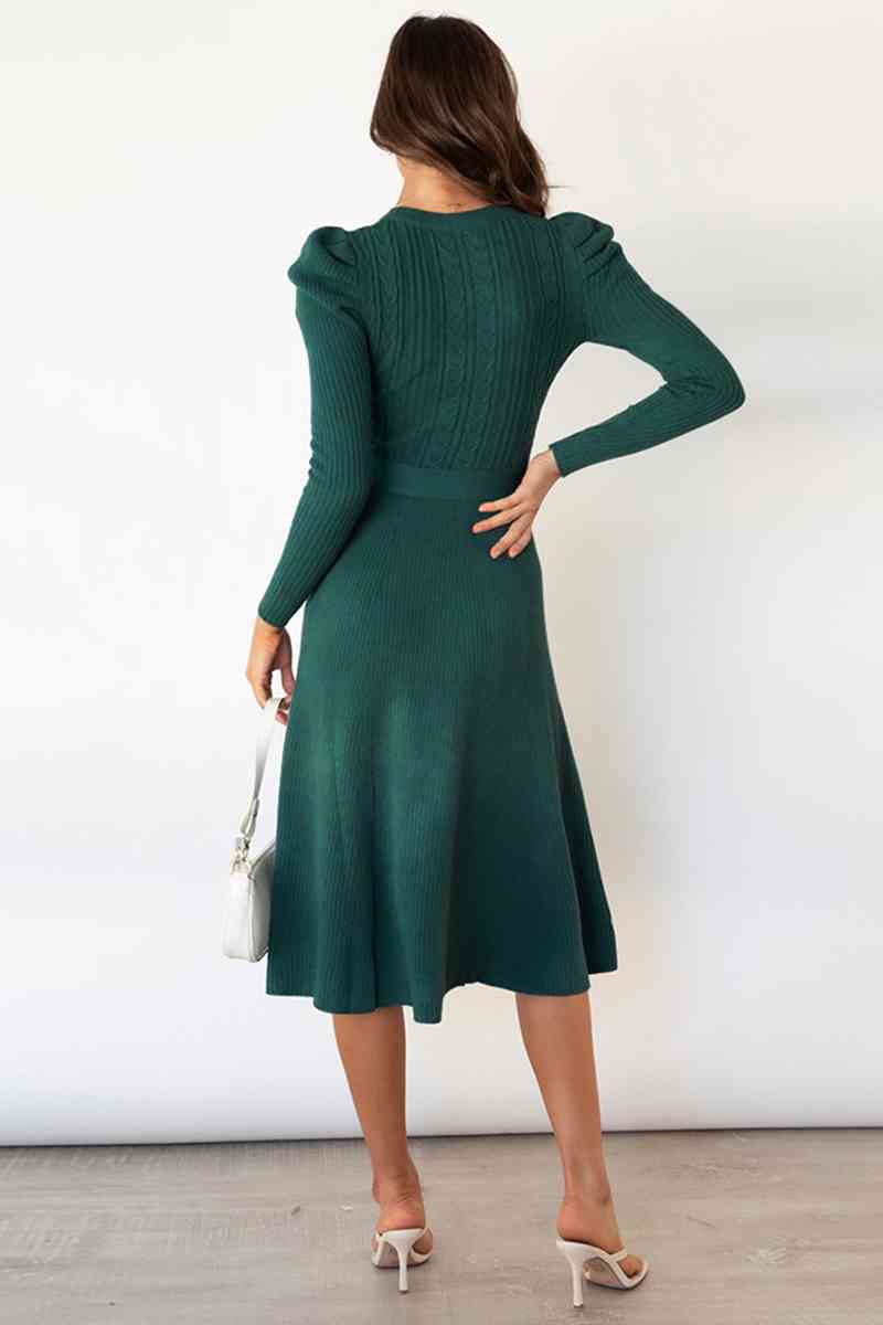 Round Neck Long Sleeve Tie Waist Sweater Dress Dresses