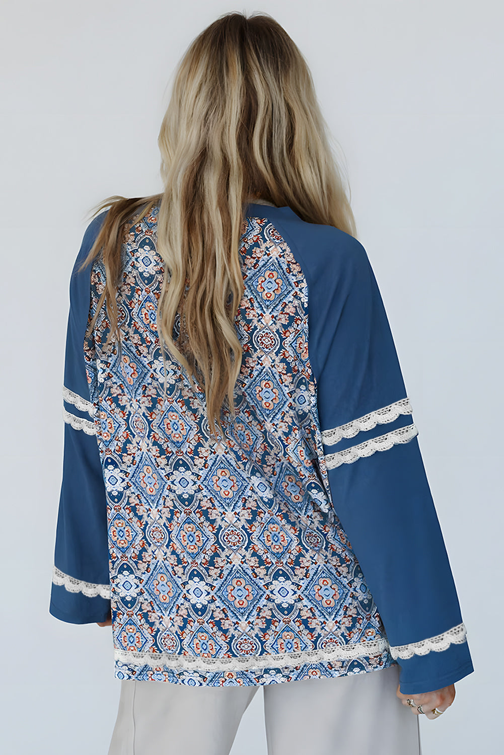 Blue Geometric Printed Lace Patchwork Ric Rac Raglan Long Sleeve Top Tops/Long Sleeve Tops