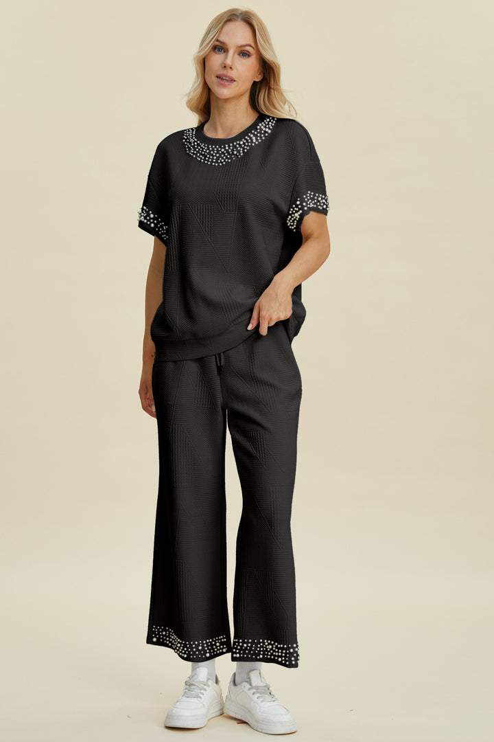 Double Take Full Size Pearl Detail Round Neck Top and Pants Set 
