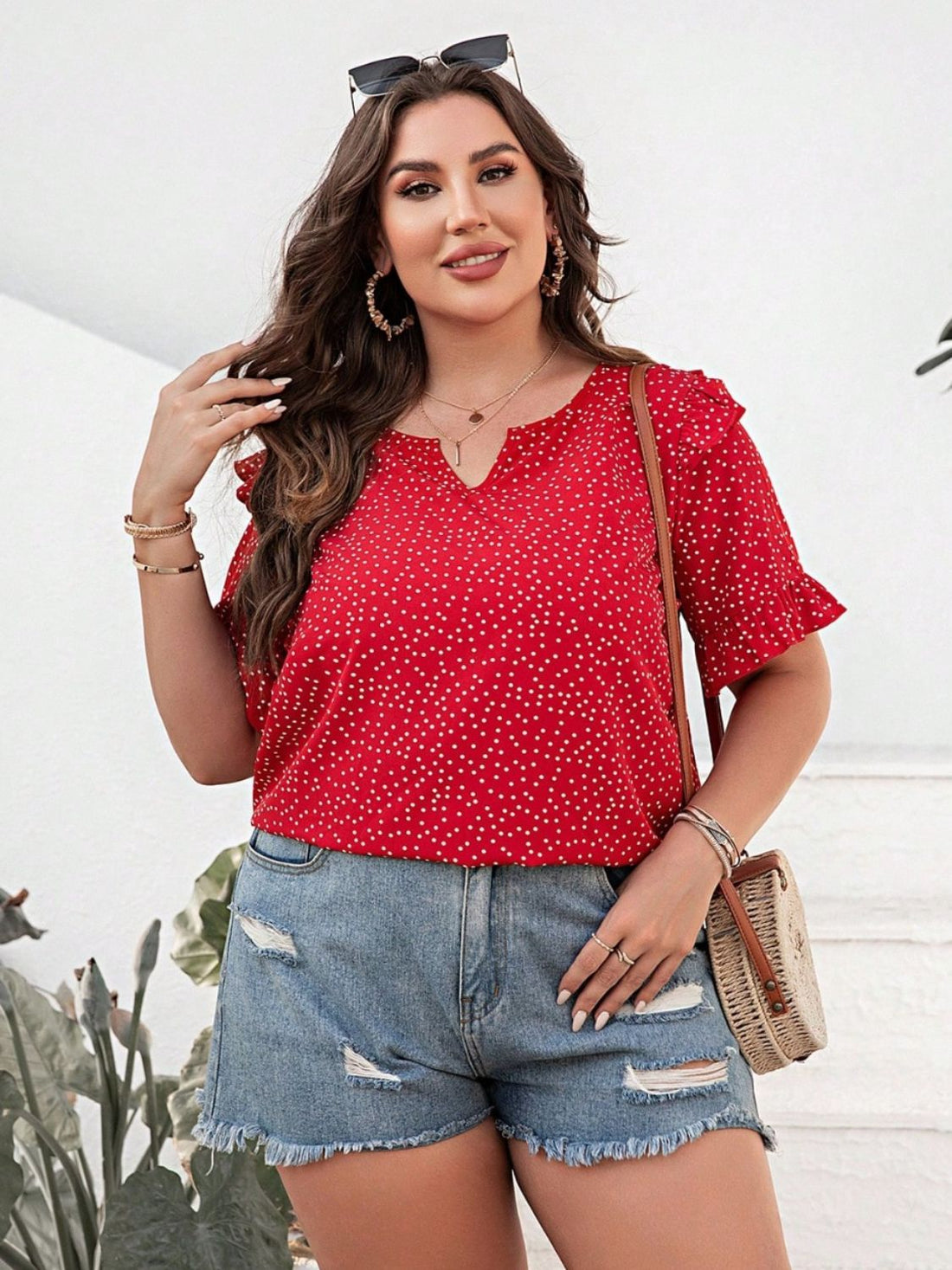 Plus Size Polka Dot Notched Flounce Sleeve Blouse 