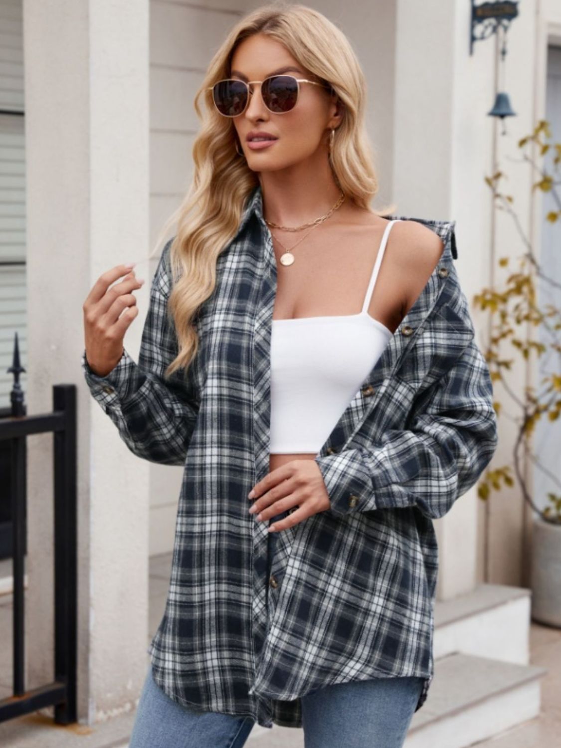 Mandy Pocketed Plaid Collared Neck Long Sleeve Shirt 