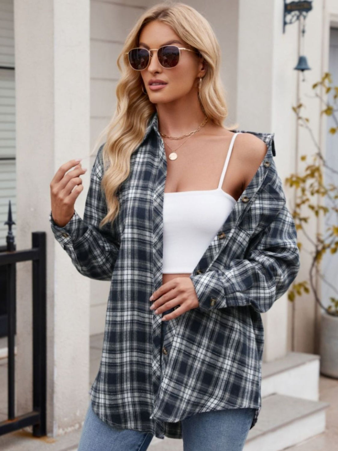 Mandy Pocketed Plaid Collared Neck Long Sleeve Shirt 