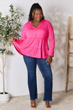 Double Take Half Button Long Sleeve Ruffle Hem Blouse 