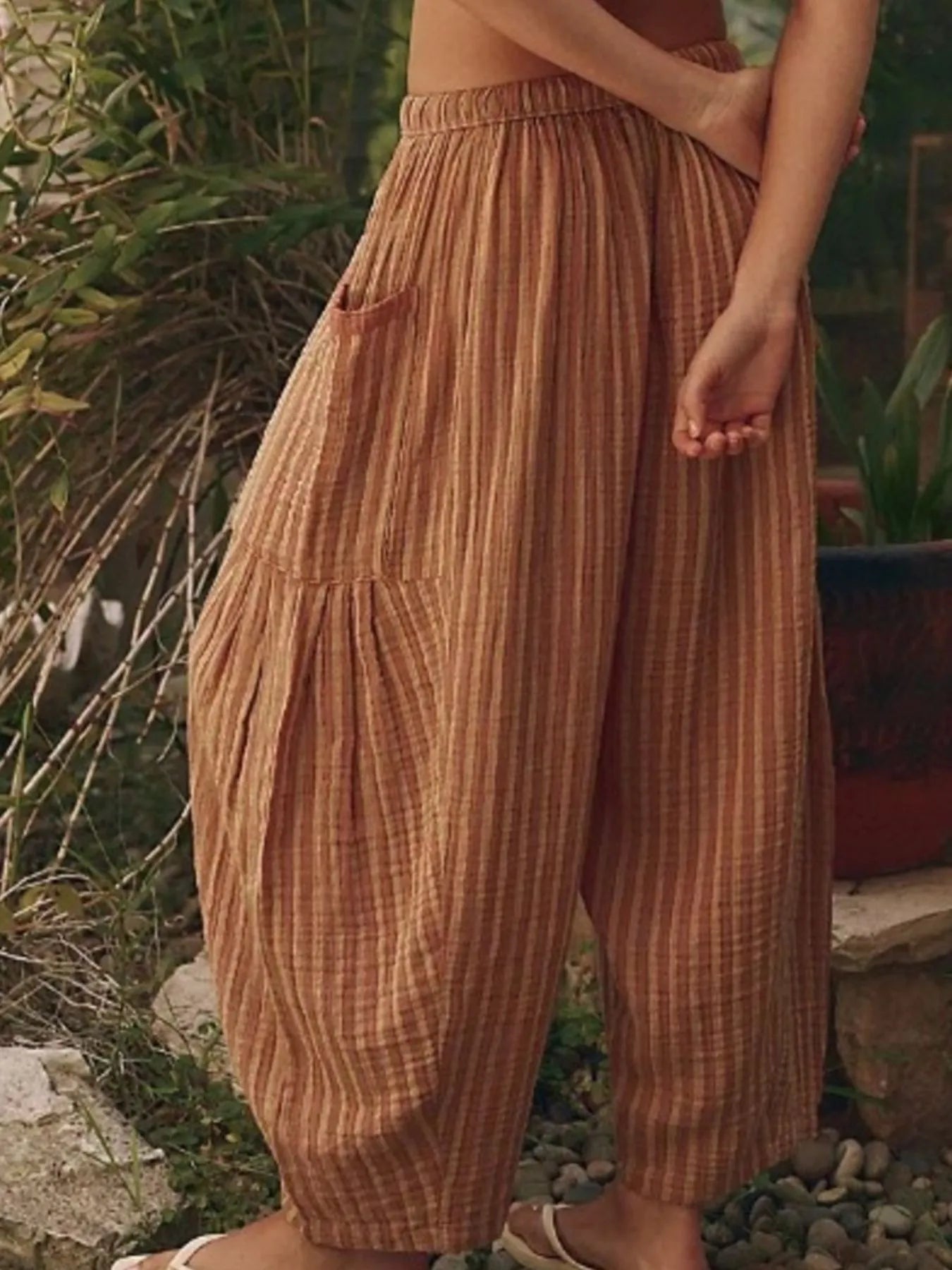 Full Size Striped Wide Leg Casual Pants Plus Size 