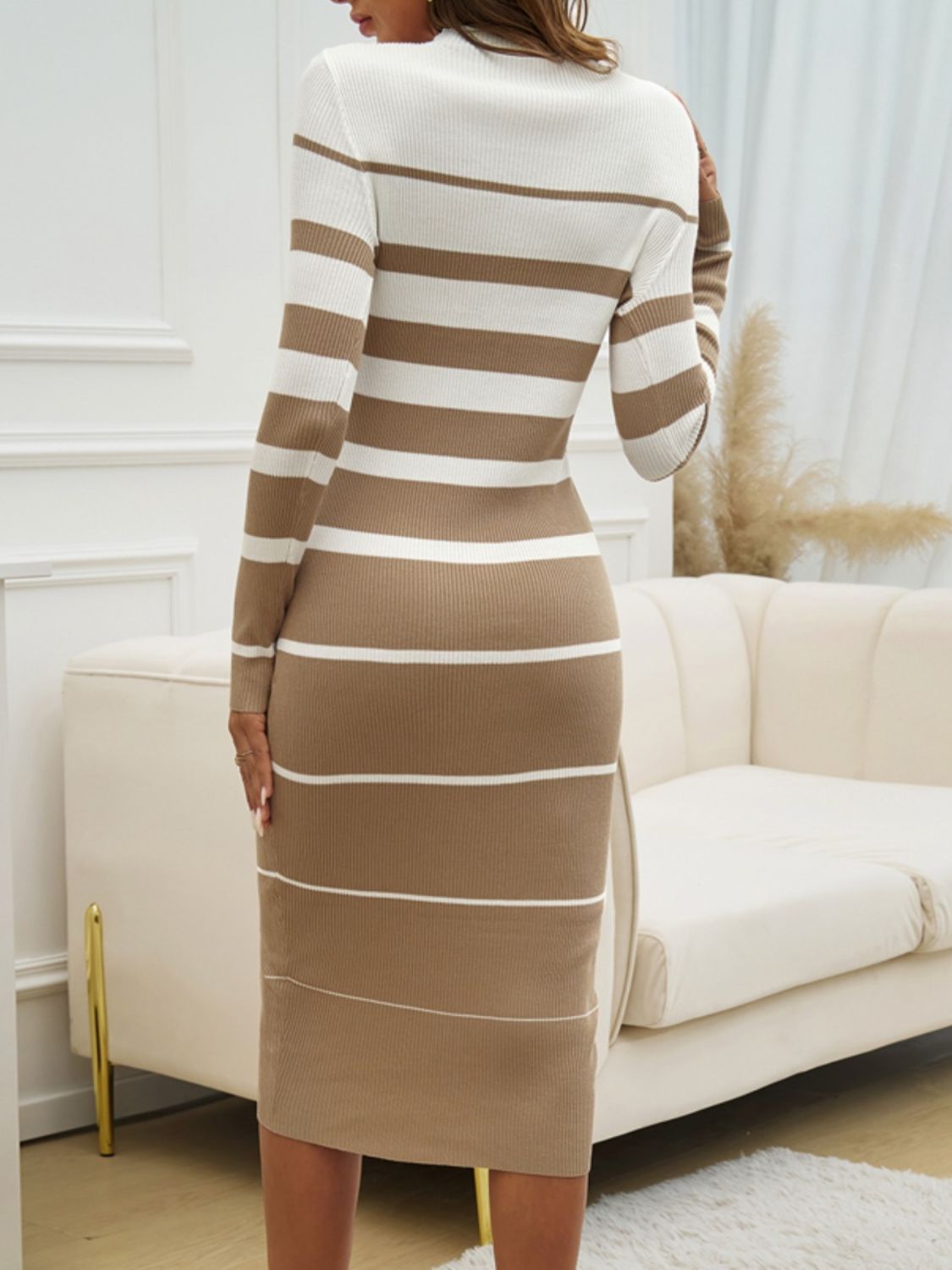Devine Color Block Round Neck Long Sleeve Midi Dress 