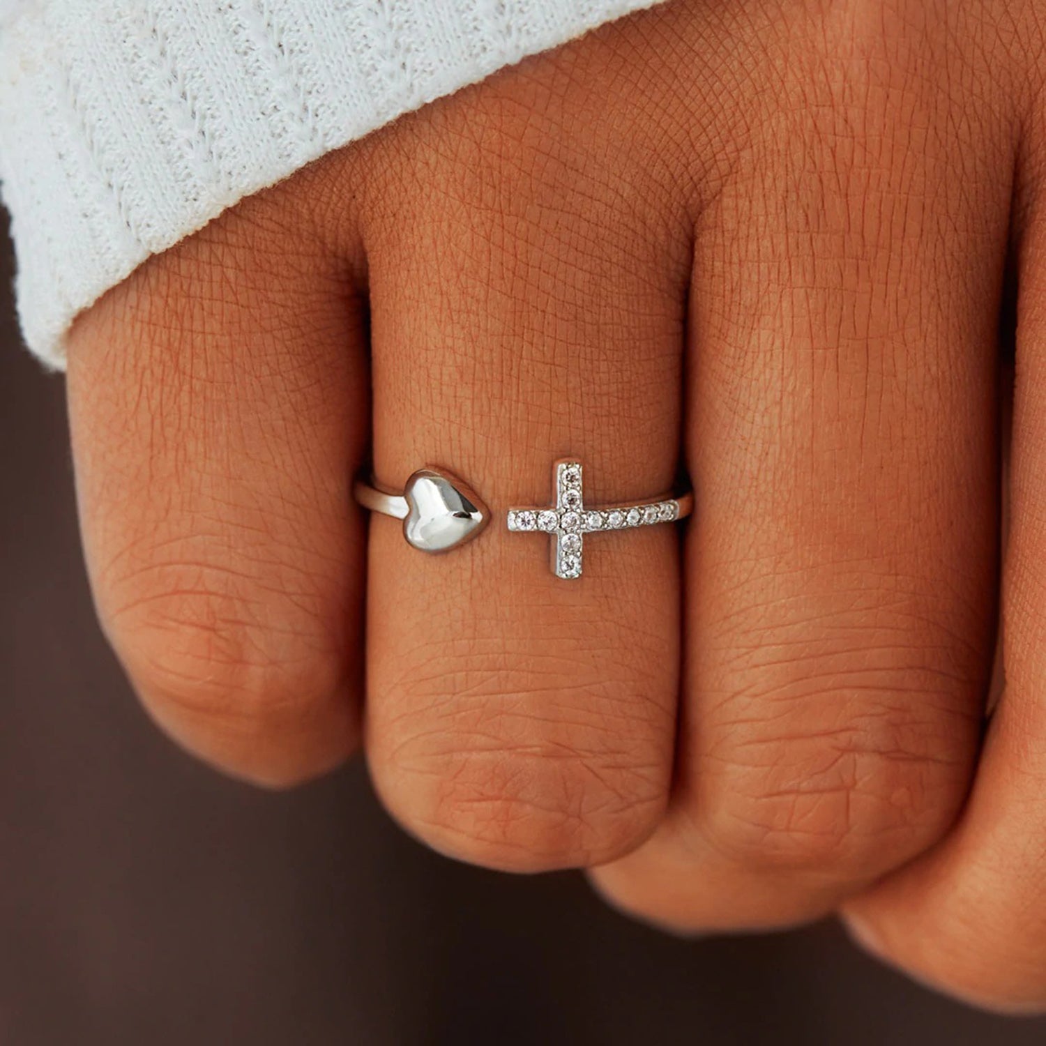 Heart Shape Cross Inlaid Zircon Open Ring 