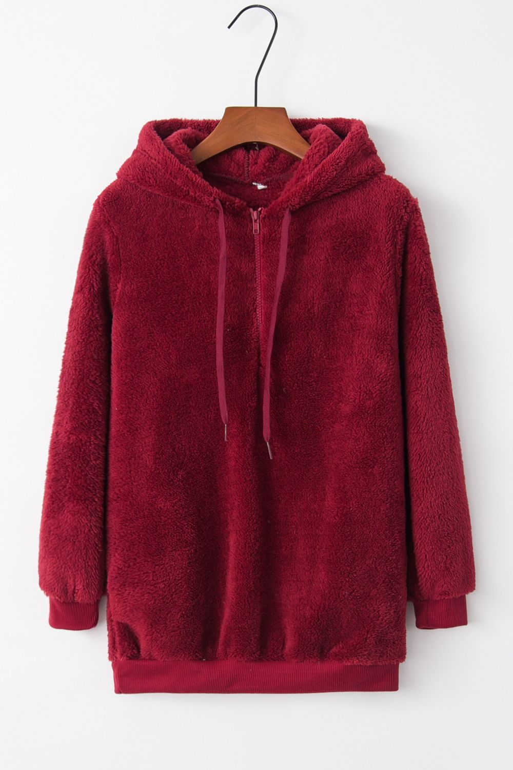 Full Size Quarter-Zip Drawstring Teddy Hoodie 