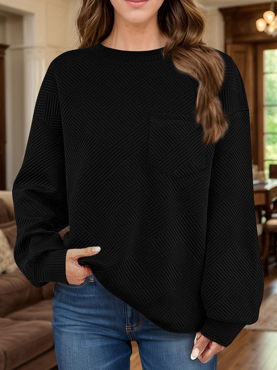 Full Size Texture Round Neck Long Sleeve Sweatshirt 