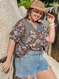 Plus Size Printed Notched Half Sleeve Blouse 