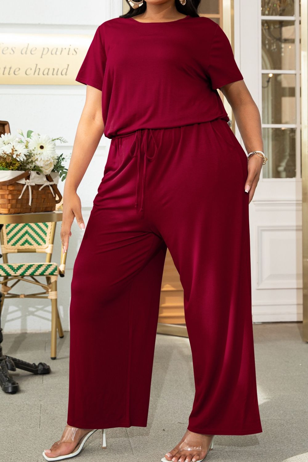Plus Size Drawstring Waist Short Sleeve Jumpsuit 