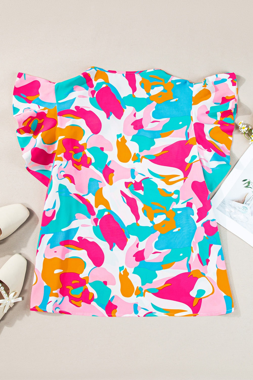 Plus Size Ruffled Printed Notched Cap Sleeve Blouse 