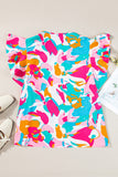 Plus Size Ruffled Printed Notched Cap Sleeve Blouse 