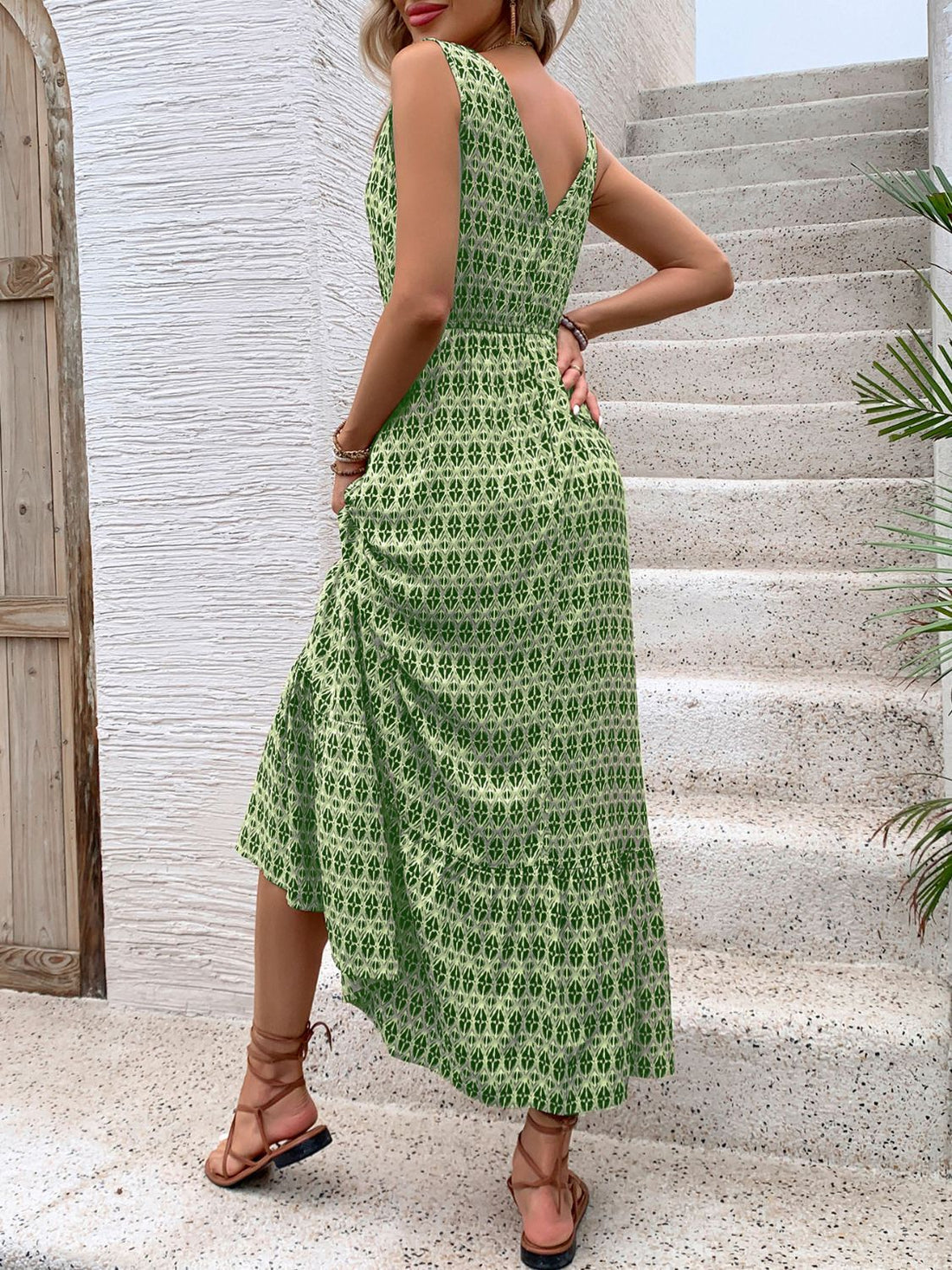 Perfee Printed V-Neck Tie Waist Midi Dress 