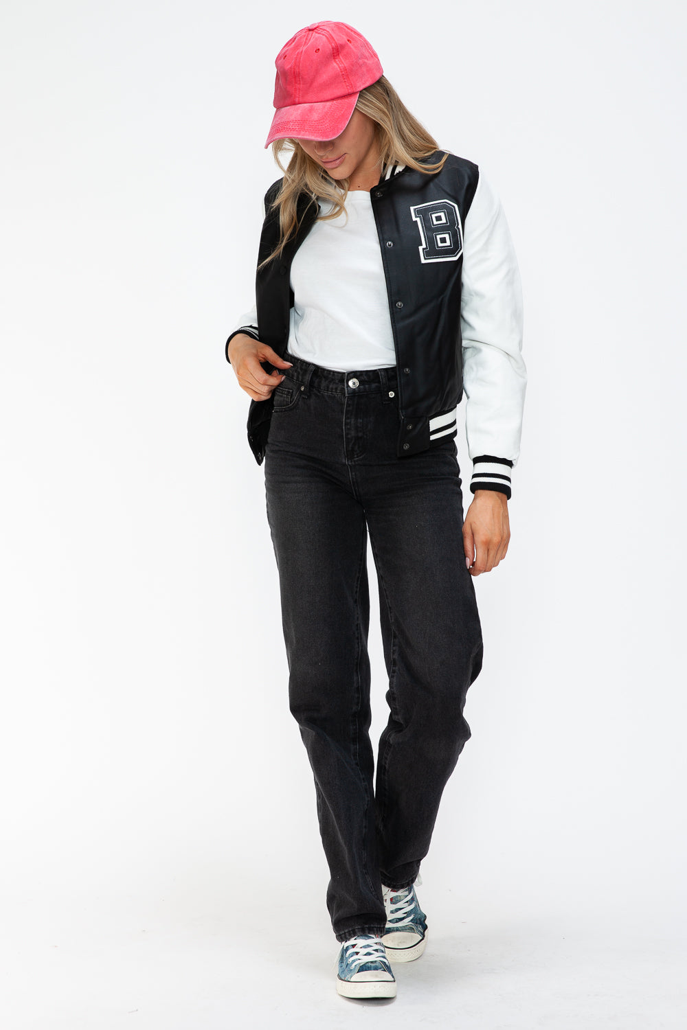 Love Me Now PU Leather Contrast Snap Down Bomber Jacket 