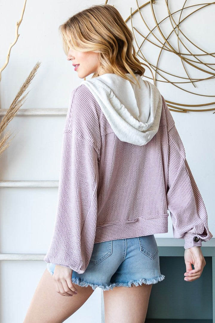 Reborn J Contrast Hooded Button Down Ribbed Jacket 