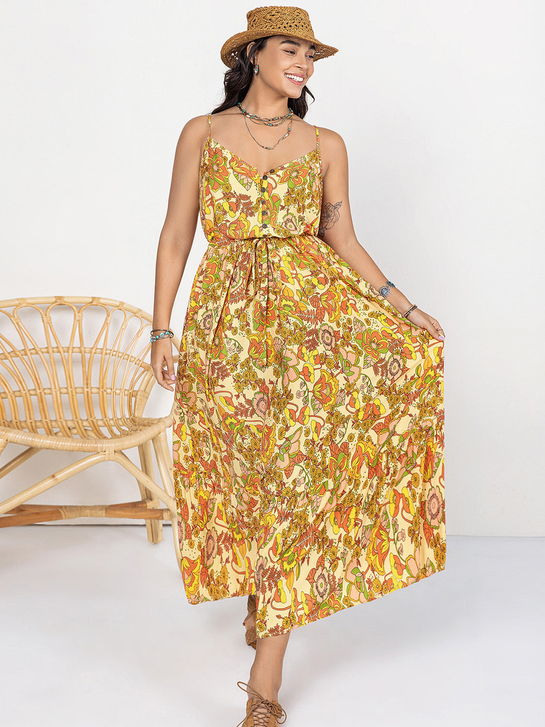 Plus Size Printed V-Neck Maxi Cami Dress 