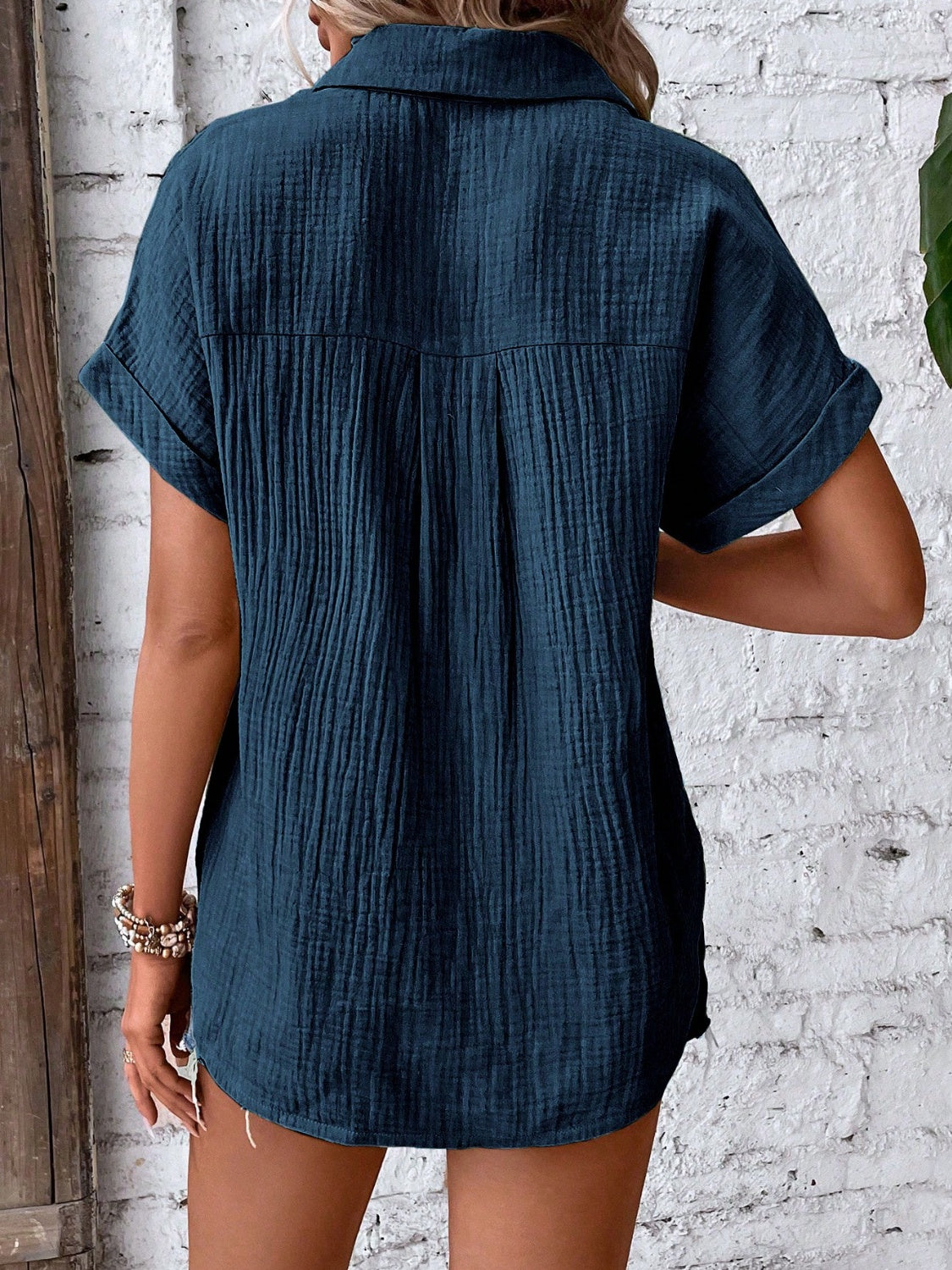 Lovelet Textured Button Up Short Sleeve Shirt 