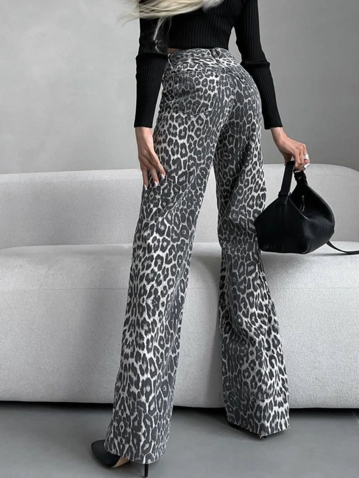 High-Waisted Leopard Print Flare Jeans 