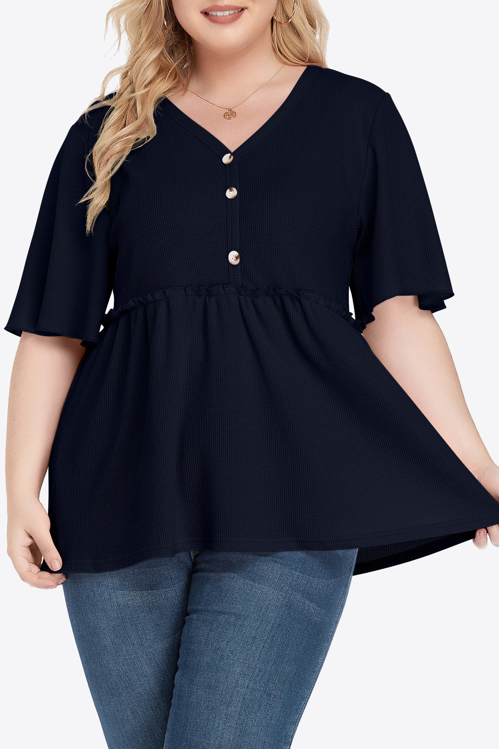 Plus Size Buttoned V-Neck Frill Trim Babydoll Blouse 