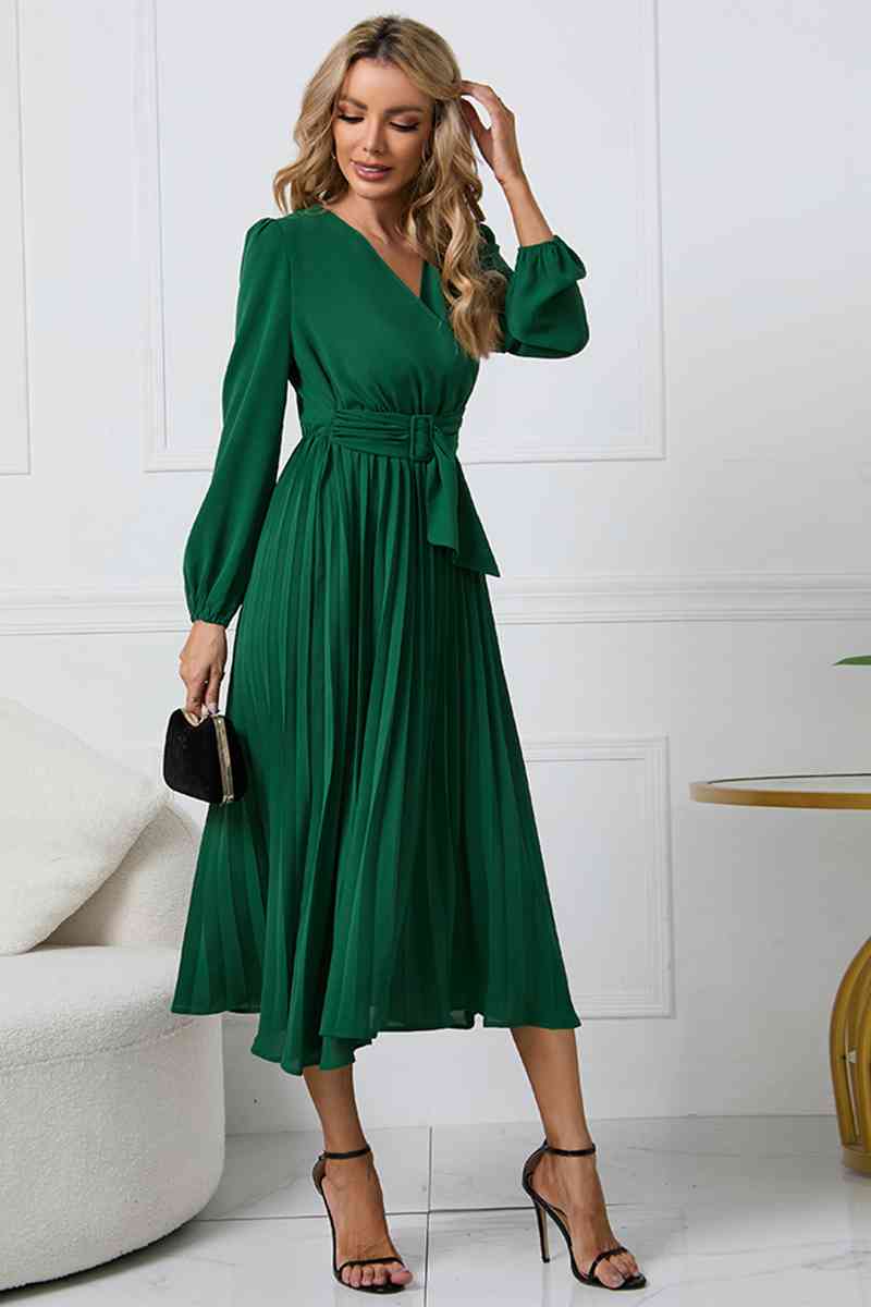 V-Neck Long Sleeve Tie Waist Midi Dress Dresses
