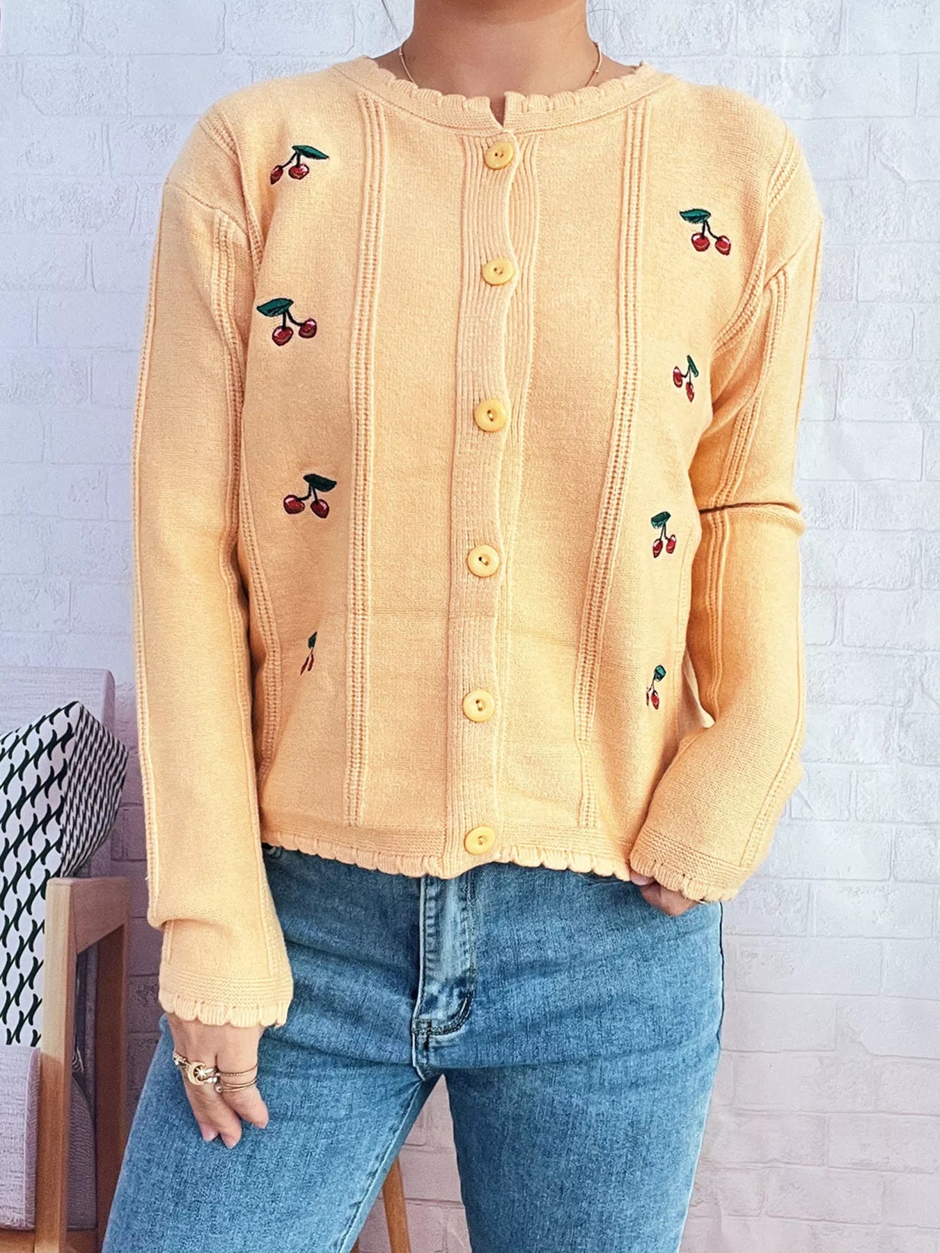 Cherry Embroidered Button Up Cardigan 