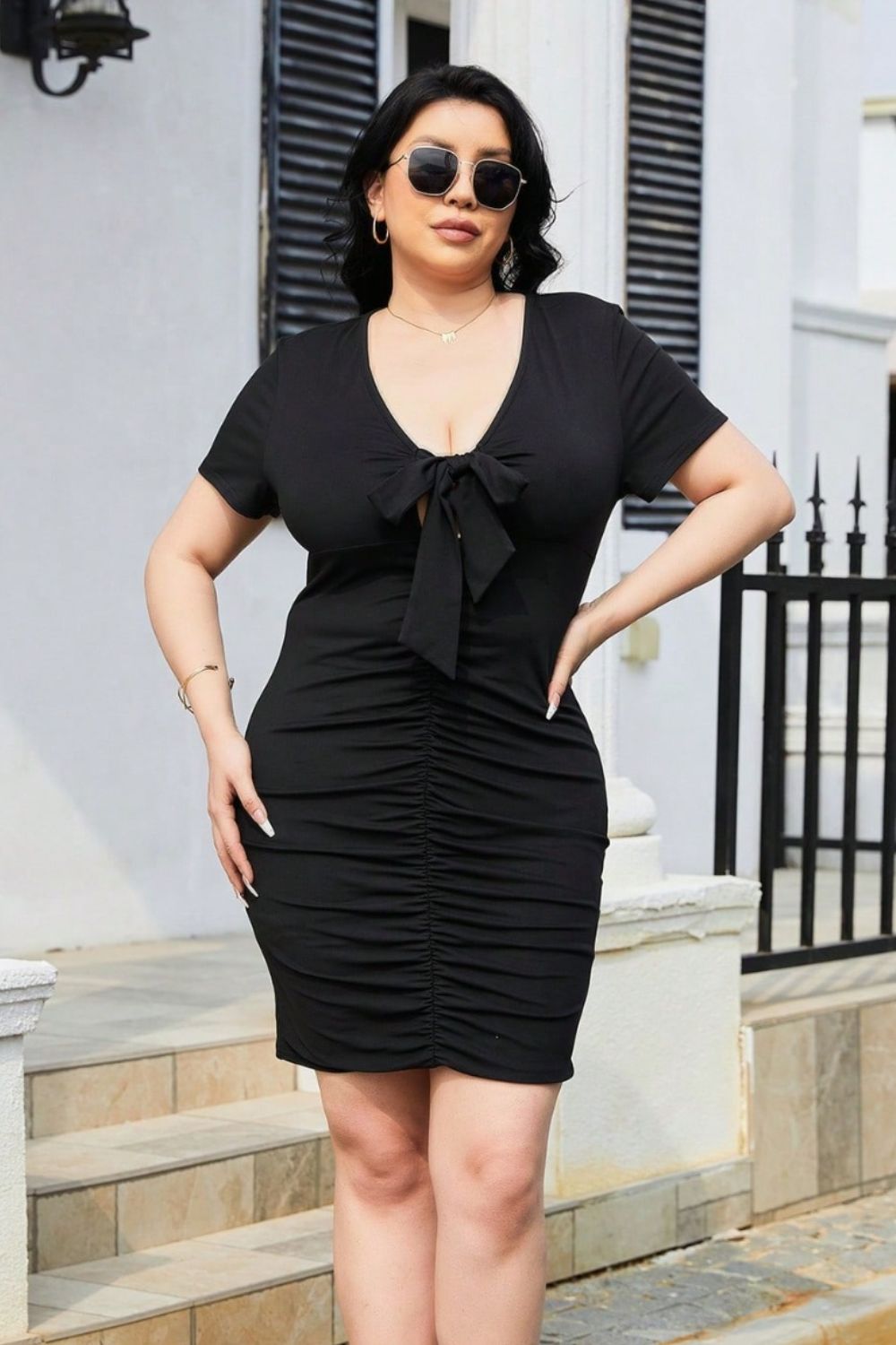 Plus Size Ruched Tied Short Sleeve Mini Dress 