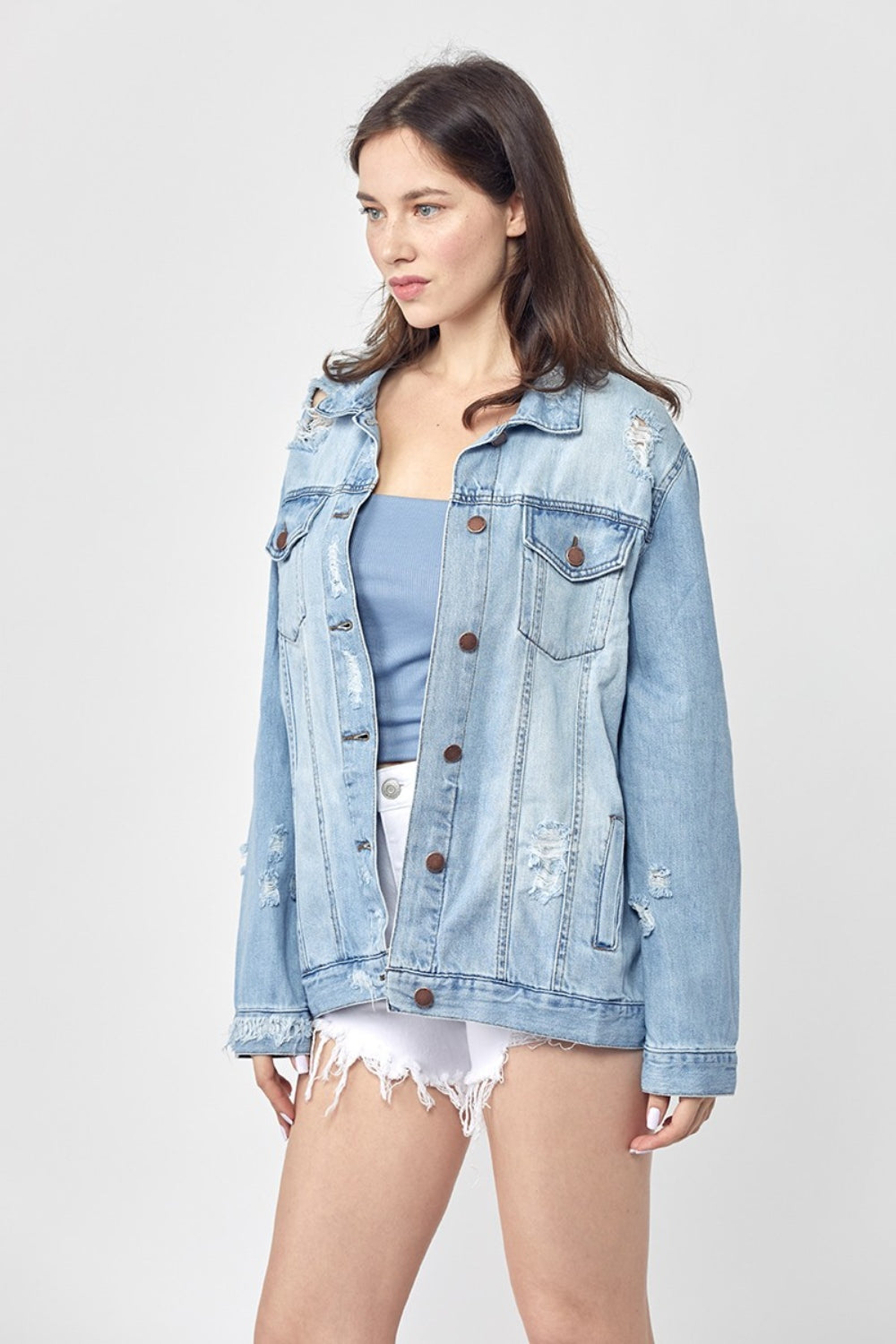 RISEN Full Size Distressed Long Sleeve Denim Jacket 