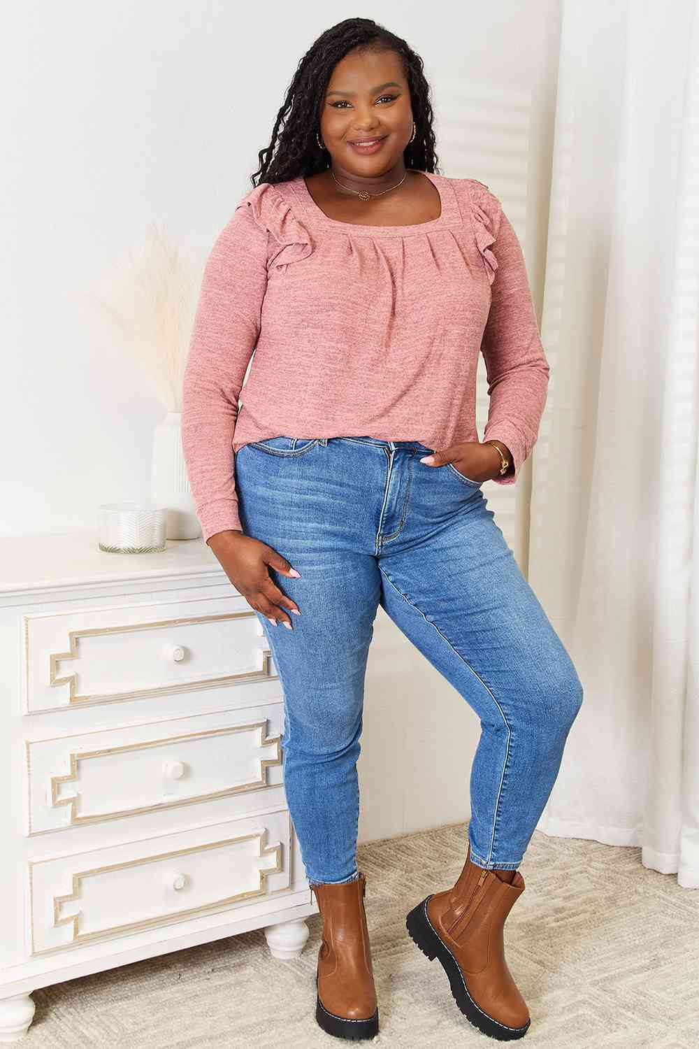 Double Take Square Neck Ruffle Shoulder Long Sleeve T-Shirt 